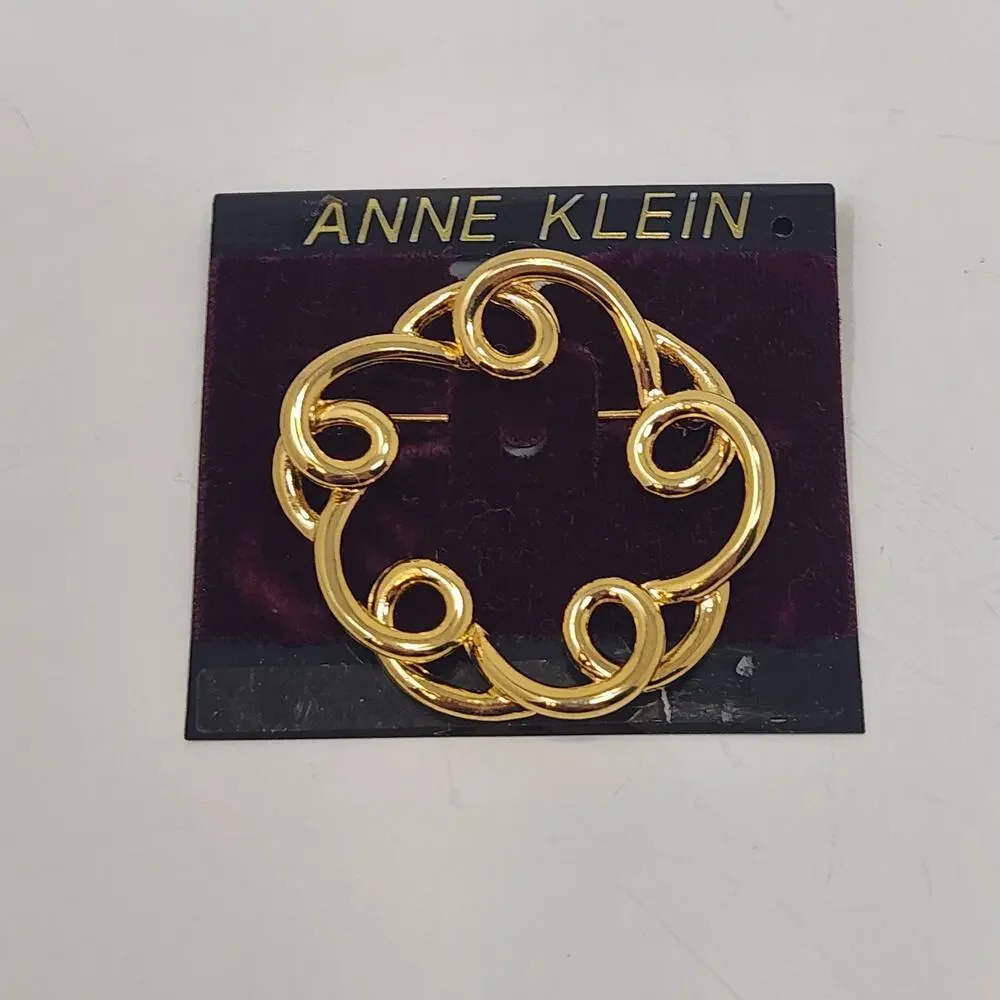 Anne Klein Gold Tone Swirl Circle Wreath Brooch Pin Vintage Costume Jewelry